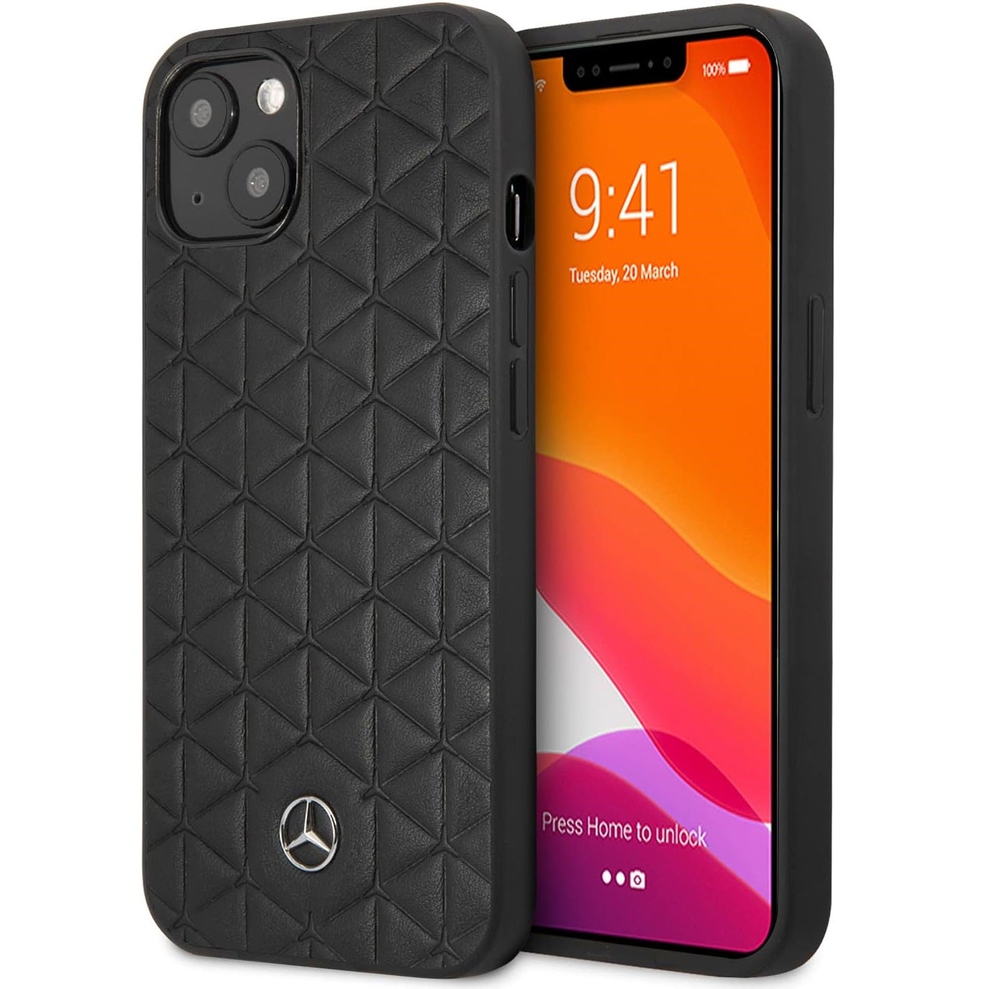 Mercedes-Benz Quilted Black with Mini Star Patterns Leather Protective Case - For iPhone 13 - mosaccessories